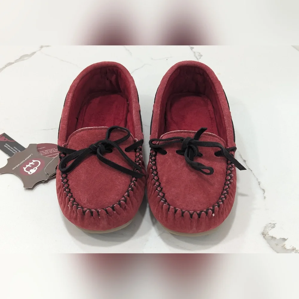 NWY Lamo kids burgundy leather suede warm moccasin shoes slippers size 6 kids